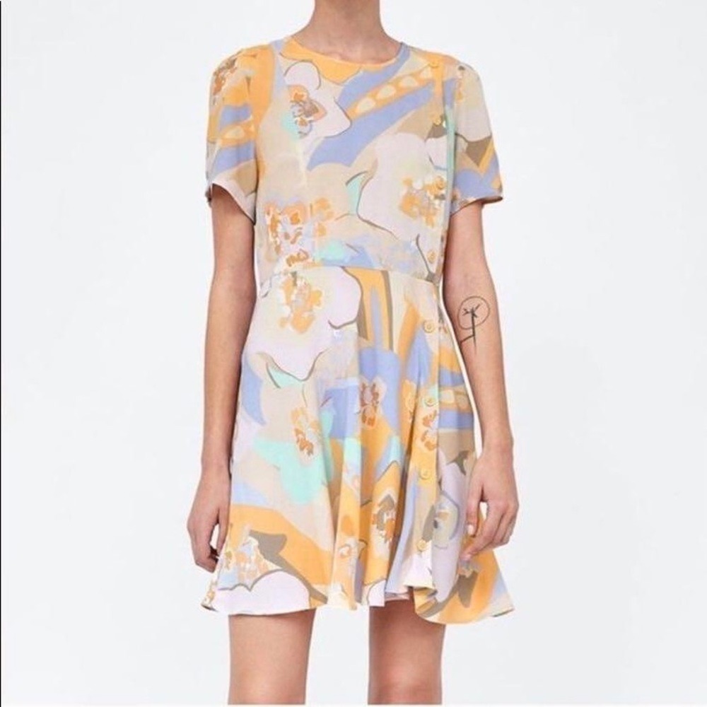 ZARA Womens Small Retro Pastel Colorful Side Button Short Sleeve Summer Dress